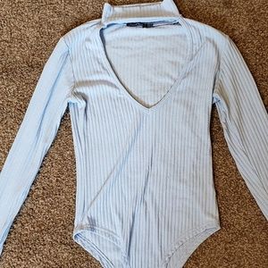 Deep plunge choker long-sleeve bodysuit with snap